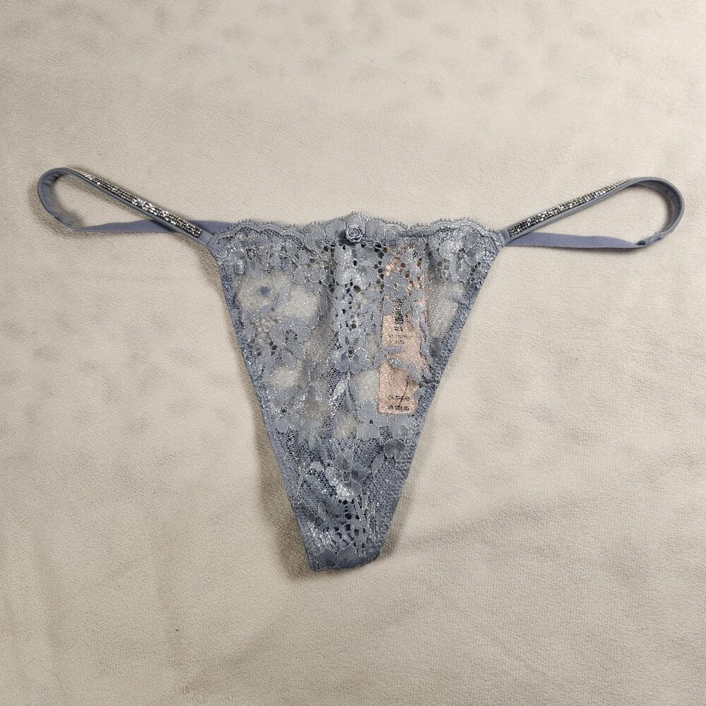 Victoria's Secret Blue Lace Shine Strap Glam G String Thong Panty - Medium